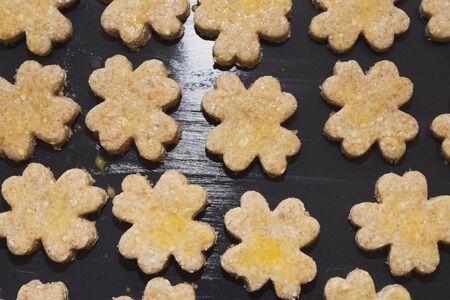 Four-leaf Clover Shaped Raw Cottage Cheese Cookies on Black Baking Sheetの写真素材