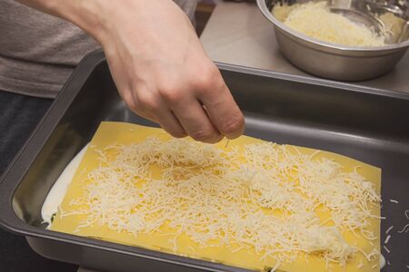 Housewife Hand Putting Grated Cheese on Raw Lasagneの写真素材