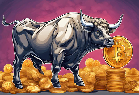 Bitcoin Bull Market Illustration with Bitcoin Tokens and a Muscular Bullの素材