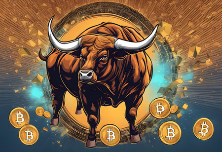 Bitcoin Bull Market Illustration with Bitcoin Tokens and a Muscular Bullの素材