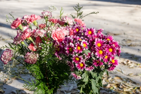 Bouquet of beautiful red flowers, carnations, daisies, gerberaの写真素材