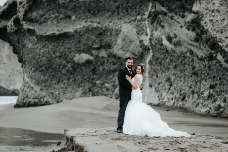 The bride and groom are walking along the beach. Panoramic view. Hugging.の写真素材