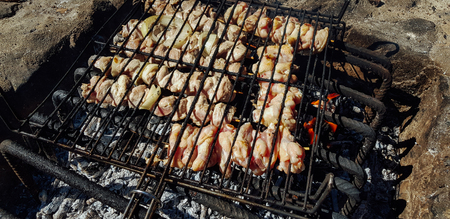 Barbecue in the forest. Cooking barbecue in the forest is not nature.の写真素材