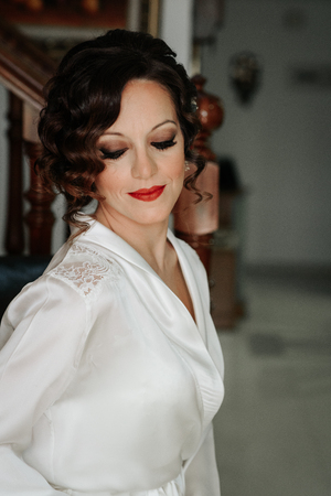 Bridal boudoir dress, fees in the interior. Morning of the bride. Sexy bride.の写真素材