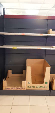 Granada Spain 11 March , 2020: No meat left in the supermarket. Quarantine panic from the...