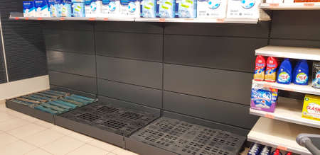Granada Spain 11 March , 2020: There is no toilet paper in the supermarket. Quarantine panic from the coronavirus Covid19 in Spain. Empty supermarket shelves. Mobile photography.のeditorial素材