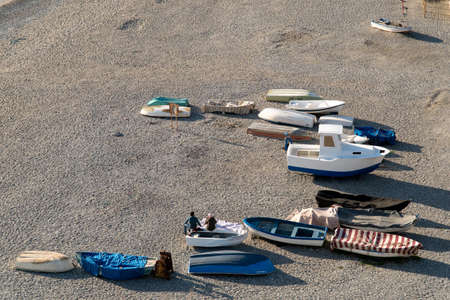 February 23, 2020: Beach with boats. A small sunny town in the south of Spain. Almunecar.のeditorial素材