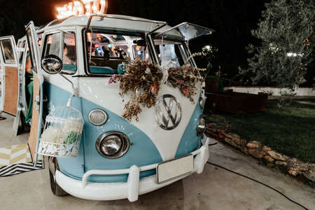 January 29, 2020: VW Bus T1 classic car Wedding decoration. Hippie Volkswagen Bus for Wedding dayのeditorial素材