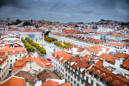 March 1, 2017. Lisbon, Portugal: Birds-eye skyline view of Rossio, main square of Lisbon from the...