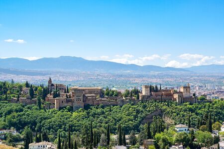 Panoramic view of Alhambra palace from Albaicin of Granada, Spain
