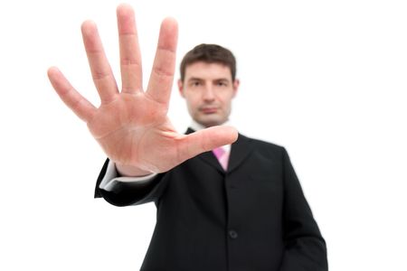 A mid thirties businessman in a black suit holding up five fingers.  Differential focus on the hand.の写真素材