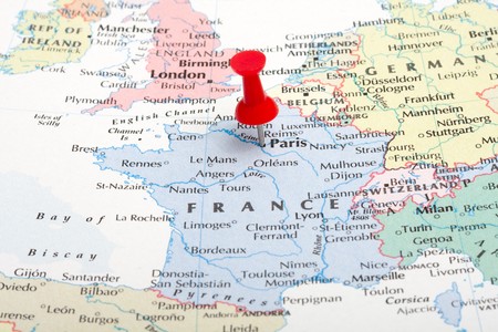 A red map pin pointing at Paris, Franceの写真素材