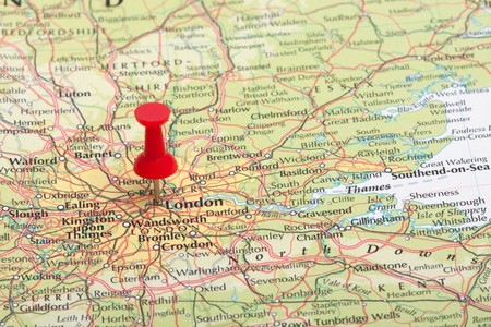 A red map pin pointing at London, England.の写真素材