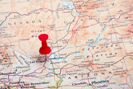 A red pushpin in a map pointing at Las Vegas, NV.の写真素材