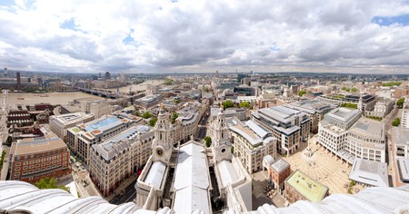 A London cityscape panoramic.  A 180 degree view from the top of St Paul's Cathedral.  The image is provided in colour but it looks fantastic in black and white.の写真素材
