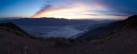 Moments after sunset looking down at Badwater Basin salt flats in Death Valley, CA.  Taken from Dante's View.の写真素材