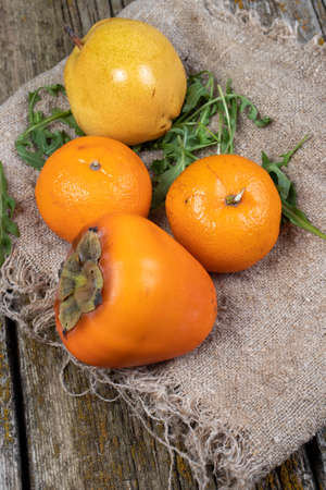 on fabric tangerine pear fruitの写真素材