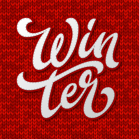 Winter typography. Letters on a red Christmas knitted seamless background. Vector card design with calligraphy. Season typography. Season greeting card, banner template.のイラスト素材
