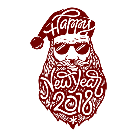 Illustration of bad Santa Claus in glasses with lettering Happy New Year 2018 on his beard. Vector in vintage style on white isolated background.のイラスト素材