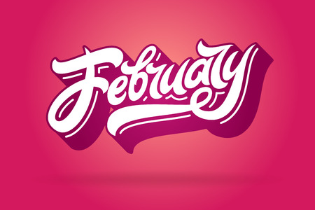 February lettering on pink background. Used for banners, calendars, posters, icons, labels. Vector brush calligraphy.のイラスト素材