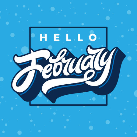 Hello February typography with rectangle frame on blue background with falling snow. Used for banners, calendars, posters, icons, labels. Modern brush calligraphy.のイラスト素材