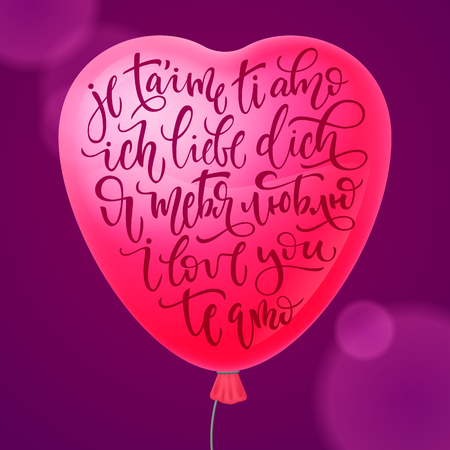 I love you in English, Russian, Spanish, Italian, French and German. Vector illustration of heart-shaped greeting cardのイラスト素材