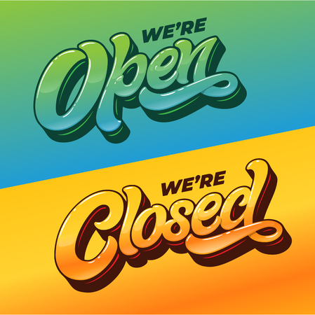 WERE OPEN and WERE CLOSED typography for the design of the sign on the door of a shop, cafe, bar or restaurant. Vector brush lettering. Modern brush calligraphy. Glossy lettersのイラスト素材