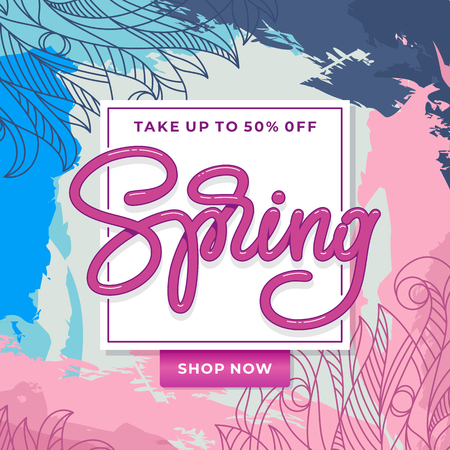 Spring Sale Banner with hand sketched floral pattern. Template for banner, card, flyer, poster. Handmade typography. Vector illustration.のイラスト素材