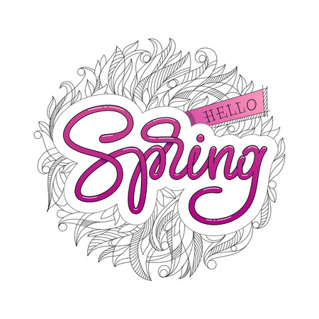 Hello Spring typography with hand sketched pattern on white isolated background. Badge typography icon. Lettering spring season with floral pattern for greeting card, invitation template.のイラスト素材