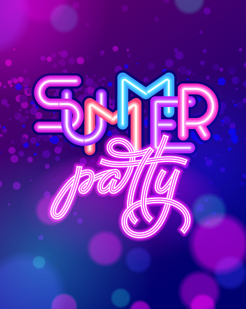 Summer party lettering on ultraviolet neon glow background. Neon sign. Vector template for night club poster, flyers, invitations. Vector illustration.のイラスト素材