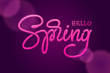 Hello Spring hand sketched logotype on dark violet background. Handmade Lettering for greeting card, invitation template, banners. Vector illustration.のイラスト素材