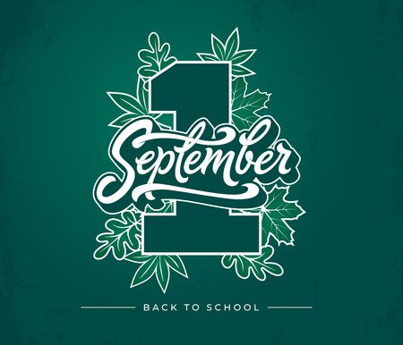 1 first september brush lettering on green chalkboard background. Vector illustration with autumn leaves and Back to School phrase. Doodle style.のイラスト素材