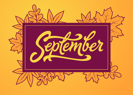 September brush lettering in rectangle frame. Vector typography with autumn leaves. Brush lettering for banner, poster, greeting card. Vector handwritten lettering. Autumn banner.のイラスト素材