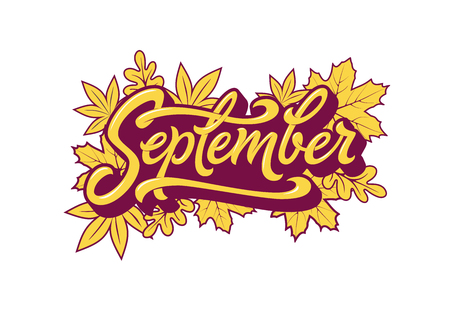 September typography with autumn leaves on white isolated background. Brush lettering for banner, poster, greeting card. Vector handwritten lettering. Autumn banner.のイラスト素材