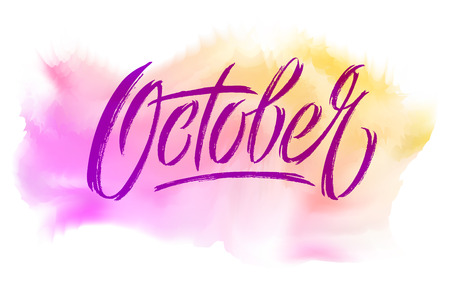 October typography on watercolor background. Modern brush calligraphy. Vector lettering for social media banner, greeting card, poster, flyer. Vector illustration. EPS10のイラスト素材