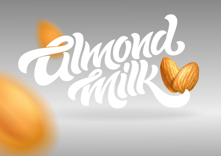 ALMOND MILK typography with realistic illustration of almonds. Vector brush typography. Vector illustration. Template for packaging design, print design, postcard, banner, label, background. EPS10のイラスト素材