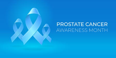 Flying blue ribbons on blue background. Medical banner with copy space. Realistic vector 3d illustration for card, poster, banner. Prostate cancer awareness. EPS10のイラスト素材