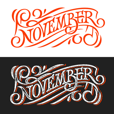 November vintage lettering on chalkboard. Lettering on white and black background. Vector template for banner, greeting card, poster, print design. Banner in retro style. Vector illustration.のイラスト素材