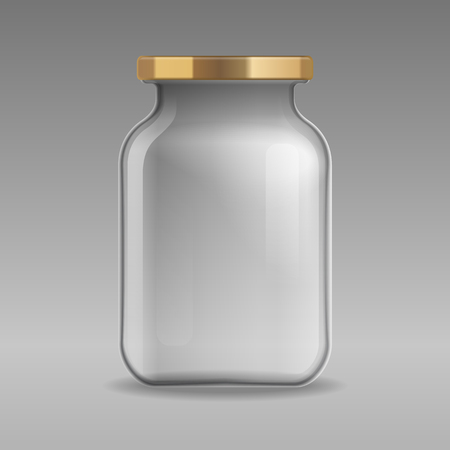 Realistic vector empty glass jar for canning and preserving with gold lid closeup isolated on transparent background. Design template for mockup, advertise, branding.のイラスト素材