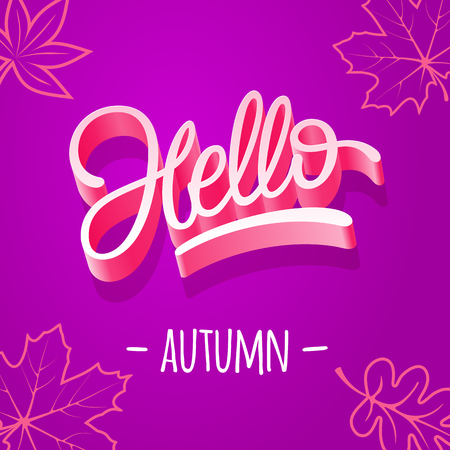 Typography hello autumn. Illustration with autumn leaves. Editable template for the design of a postcard, banner, poster. Vector illustration.のイラスト素材