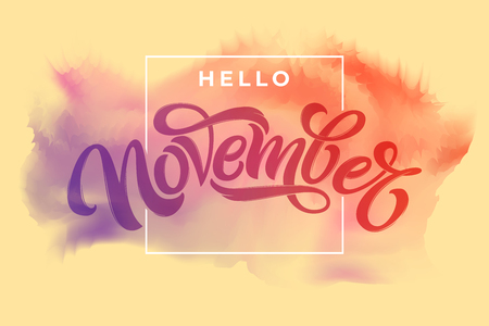 Hello November typography on light watercolor background. Modern brush calligraphy with thin square frame. Vector lettering for greeting card, social media banner, print design. Vector illustration.の写真素材