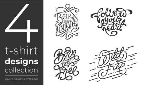 T-shirt designs collection on white isolated background. Set of vector lettering for t-shirt design. Vintage handwritten typography collection. Vector illustration for printshops.のイラスト素材