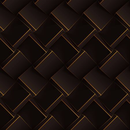 Dark brown seamless geometric pattern. Realistic cubes with thin orange lines. Vector template for wallpapers, textile, fabric, wrapping paper, backgrounds. Texture with volume extrude effect.のイラスト素材