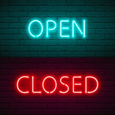 OPEN CLOSED lettering with bright neon glow on dark brick wall background. Vector Illustration typography for sign door of shop, cafe, bar or restaurant, night club. Quarantine closure information.のイラスト素材