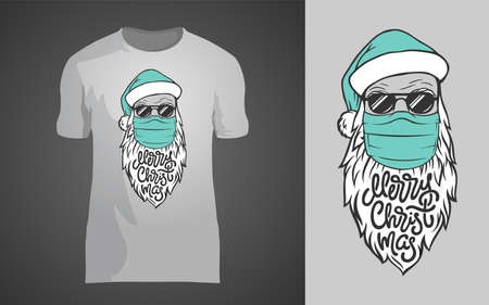 Lettering MERRY CHRISTMAS with hand drawn Santa Claus in medical mask on gray background. Vector template for printing on shirt, cover, postcard. Illustration for clothing, apparel, printshop. EPS10のイラスト素材