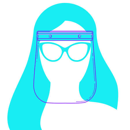 FACE SHIELD line icon with woman head silhouette. Personal protection and prevention of pandemic, epidemic. Vector illustration in flat style. Protection against bacteriaのイラスト素材