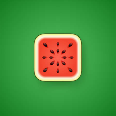 Vector icon of square ripe watermelon. 3d cartoon illustration of summer juicy fruit on isolated green background. Organic natural healthy eco food concept. Vector template for vegetarian, mobile appのイラスト素材