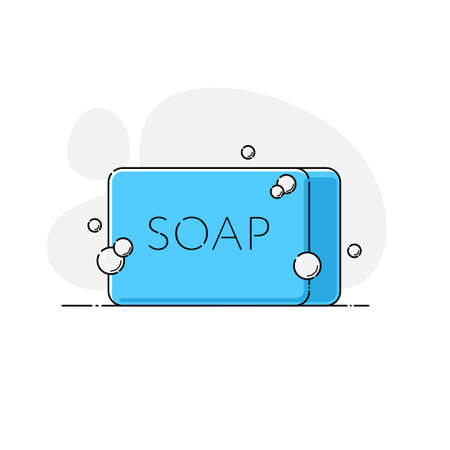 Bar of blue antibacterial solid soap in rectangular shape with bubbles. Isolated vector illustration personal care product for hand washing in flat style with outline on background abstract shapesのイラスト素材