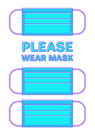 Poster with medical mask and PLEASE WEAR MASK typography. Vector illustration of PPE in flat style with outline for prevention of epidemic infectious disease. Warning or caution signのイラスト素材