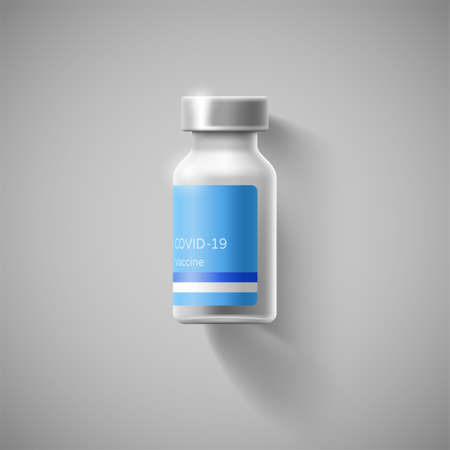 Cartoon bottle of coronavirus vaccine. Covid vaccination concept. Realistic vector illustration on isolated background for medical design. Prevention and control of infectious disease, pandemicのイラスト素材